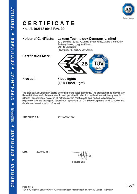 Cina Luxsun lighting Co.,Ltd Sertifikasi